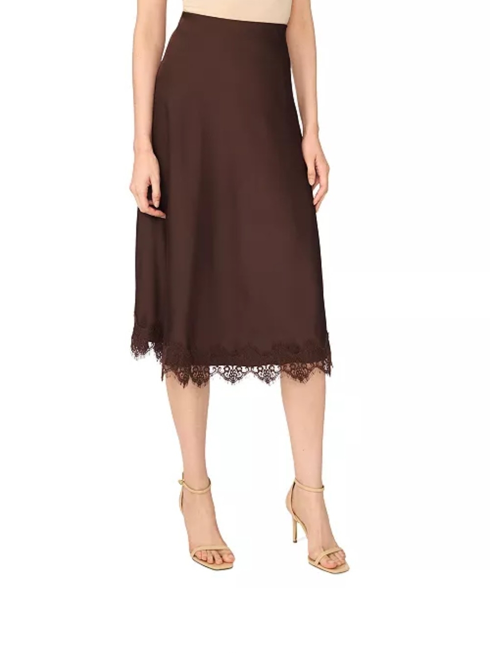 CeCe Chocolate Brown Midi Skirt with Lace Hem